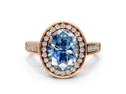 Halo Engagement Ring Setting for Fancy Blue Oval Center with Outer Bezel Rim, Pave Band and Prong Head in Rose Gold