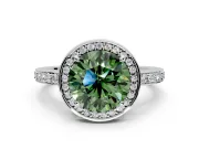 Halo Engagement Ring Setting for Fancy Green Round Cut Center with Metal-Rimmed Halo, Pave Band and Prong Head in Platinum