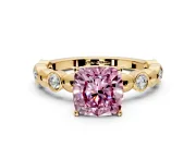 Solitaire Engagement Ring Setting for Fancy Pink Cushion Cut Center with Beaded Bezel Station Band and Prong Head in Yellow Gold