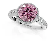 Halo Engagement Ring Setting for Fancy Pink Round Cut Center with Full Pave Band and Prong Head in White Gold