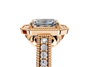 Milgrain Halo Engagement Ring Setting for Emerald Cut Center with Pave Band and Prong Head in Rose Gold