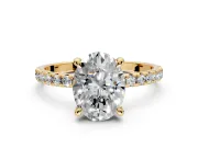 Solitaire Engagement Ring Setting for Oval Center with Fine Pave Narrow Band and Prong Head in Yellow Gold