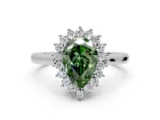 Starburst Halo Engagement Ring Setting for Fancy Green Pear-Shaped Center with Thin Round-Wire Band and Prong Head in Sterling Silver