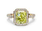 Halo Engagement Ring Setting for Fancy Yellow Radiant Cut Center with Heart-Shaped Openwork, Pave Band and Prong Head in Yellow Gold