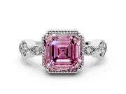 Vintage Station Engagement Ring Setting for Fancy Pink Asscher Cut Center with Accents and Prong Head in Platinum