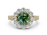 Halo Engagement Ring Setting for Fancy Green Round Cut Center with Milgrain Channel Band and Prong Head in Yellow Gold