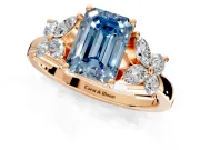 Floral Engagement Ring Setting for Fancy Blue Emerald Cut Center with Marquise Cluster Shoulders and Prong Head in Rose Gold