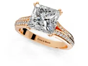 Solitaire Engagement Ring Setting for Princess Cut Center with Pave Rail Split Shank and Prong Head in Rose Gold