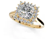 Starburst Halo Engagement Ring Setting for Cushion Cut Center with Thin Round-Wire Band and Prong Head in Yellow Gold