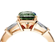 3 Stone Engagement Ring Setting for Fancy Green Radiant Cut Center with Channel Baguette Accents and Prong Head in Rose Gold