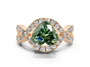 Halo Engagement Ring Setting for Fancy Green Heart-Shaped Center with Pave Infinity Twist Band and Prong Head in Rose Gold