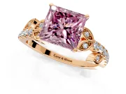 Leaf Motif Engagement Ring Setting for Fancy Pink Princess Cut Center with Pave Band and Prong Head in Rose Gold