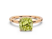 Low-Set Solitaire Engagement Ring Setting for Fancy Yellow Cushion Cut Center with Thin Plain Band and Prong Head in Rose Gold