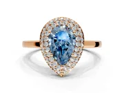 Halo Engagement Ring Setting for Fancy Blue Pear-Shaped Center with Plain Tapered Band and Prong Head in Rose Gold