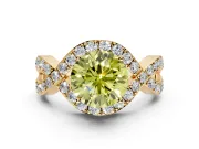 Halo Engagement Ring Setting for Fancy Yellow Round Cut Center with Pave Infinity Twist Band and Prong Head in Yellow Gold