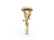 Halo Engagement Ring Setting for Fancy Yellow Emerald Cut Center with Leaf Motif Split Shank and Prong Head in Yellow Gold