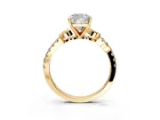 Leaf Motif Engagement Ring Setting for Cushion Cut Center with Pave Band and Prong Head in Yellow Gold