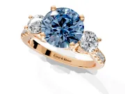 3 Stone Engagement Ring Setting for Fancy Blue Round Cut Center with Crossover Basket, Pave Band and Prong Head in Rose Gold