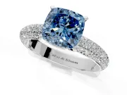 Solitaire Engagement Ring Setting for Fancy Blue Cushion Cut Center with Domed Multi-Row Pave Band and Prong Head in Platinum