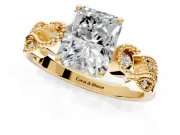 Leaf Engagement Ring Setting for Radiant Cut Center with Milgrain Accent Band and Prong Head in Yellow Gold