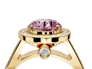 Halo Engagement Ring Setting for Fancy Pink Round Cut Center with Outer Bezel Rim, Pave Band and Prong Head in Yellow Gold