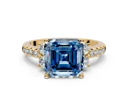 Paired Accent Engagement Ring Setting for Fancy Blue Asscher Cut Center with Pave Band and Prong Head in Yellow Gold