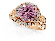 Halo Engagement Ring Setting for Fancy Pink Round Cut Center with Open Scroll Shoulders and Prong Head in Rose Gold