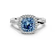 Halo Engagement Ring Setting for Fancy Blue Cushion Cut Center with Twist Band and Prong Head in White Gold