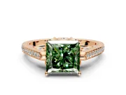 Cathedral Engagement Ring Setting for Fancy Green Princess Cut Center with Antique-Style Pave Band and Prong Head in Rose Gold