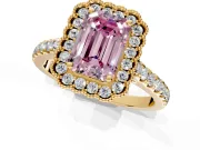 Milgrain Floral Halo Engagement Ring Setting for Fancy Pink Emerald Cut Center with Pave Band and Prong Head in Yellow Gold