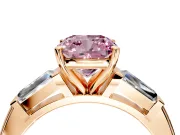 3 Stone Engagement Ring Setting for Fancy Pink Cushion Cut Center with Tapered Baguettes, Plain Band and Prong Head in Rose Gold