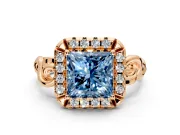 Halo Engagement Ring Setting for Fancy Blue Princess Cut Center with Open Scroll Shoulders and Prong Head in Rose Gold