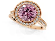 Halo Engagement Ring Setting for Fancy Pink Round Cut Center with Milgrain Pave Band and Bezel Head in Rose Gold