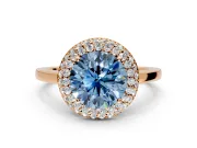 Halo Engagement Ring Setting for Fancy Blue Round Cut Center with Plain Tapered Band and Prong Head in Rose Gold
