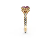 Halo Engagement Ring Setting for Fancy Pink Cushion Cut Center with Openwork Halo, Pave Band and Prong Head in Yellow Gold