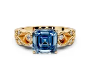 Leaf Engagement Ring Setting for Fancy Blue Asscher Cut Center with Milgrain Accent Band and Prong Head in Yellow Gold