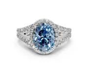 Halo Engagement Ring Setting for Fancy Blue Oval Center with Narrow Pave Split Shank and Prong Head in Sterling Silver
