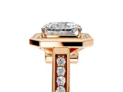 Halo Engagement Ring Setting for Emerald Cut Center with Outer Bezel Rim, Pave Band and Prong Head in Rose Gold