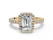 Halo Engagement Ring Setting for Emerald Cut Center with Full Pave Band and Prong Head in Yellow Gold