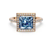 Halo Engagement Ring Setting for Fancy Blue Princess Cut Center with Pave Accents, Heart Basket and Prong Head in Rose Gold