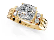 Solitaire Engagement Ring Setting for Cushion Cut Center with Grooved Bar Accent Band and Prong Head in Yellow Gold
