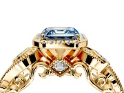 Milgrain Halo Engagement Ring Setting for Fancy Blue Asscher Cut Center with Shoulder Bezels and Prong Head in Yellow Gold