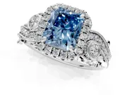 Milgrain Halo Engagement Ring Setting for Fancy Blue Radiant Cut Center with Shoulder Bezels and Prong Head in Platinum