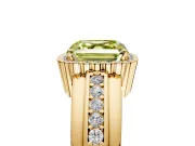 Halo Engagement Ring Setting for Fancy Yellow Asscher Cut Center with Wide Band, Inlaid Accent Row and Prong Head in Yellow Gold
