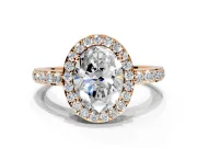 Halo Engagement Ring Setting for Oval Center with Heart-Shaped Openwork, Pave Band and Prong Head in Rose Gold