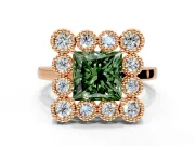 Cluster Halo Engagement Ring Setting for Fancy Green Princess Cut Center with Milgrain Bezel Accents and Prong Head in Rose Gold