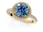 Halo Engagement Ring Setting for Fancy Blue Round Cut Center with Inner Milgrain Border and Prong Head in Yellow Gold