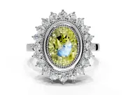 Halo Engagement Ring Setting for Fancy Yellow Oval Center with Milgrain Bezel Rim, Plain Band and Prong Head in White Gold