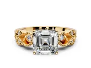 Leaf Engagement Ring Setting for Asscher Cut Center with Milgrain Accent Band and Prong Head in Yellow Gold