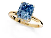 Hidden Halo Engagement Ring Setting for Fancy Blue Radiant Cut Center with Plain Rounded Band and Prong Head in Yellow Gold